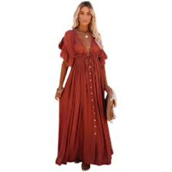NEW Womens Sexy Caftan Maxi Boho Long Beach Summer Robe Solid Loungewear Kimono - Picture 4 of 10